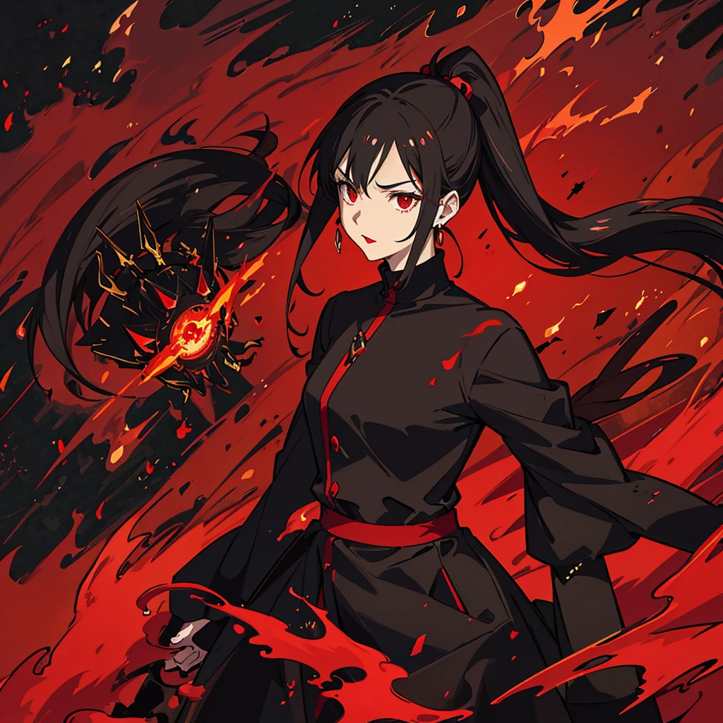 God of death , woman , tight and short black and red dress , long ponytail red ruban , black hair , menacing face , red lips , magical powers flame on her hand