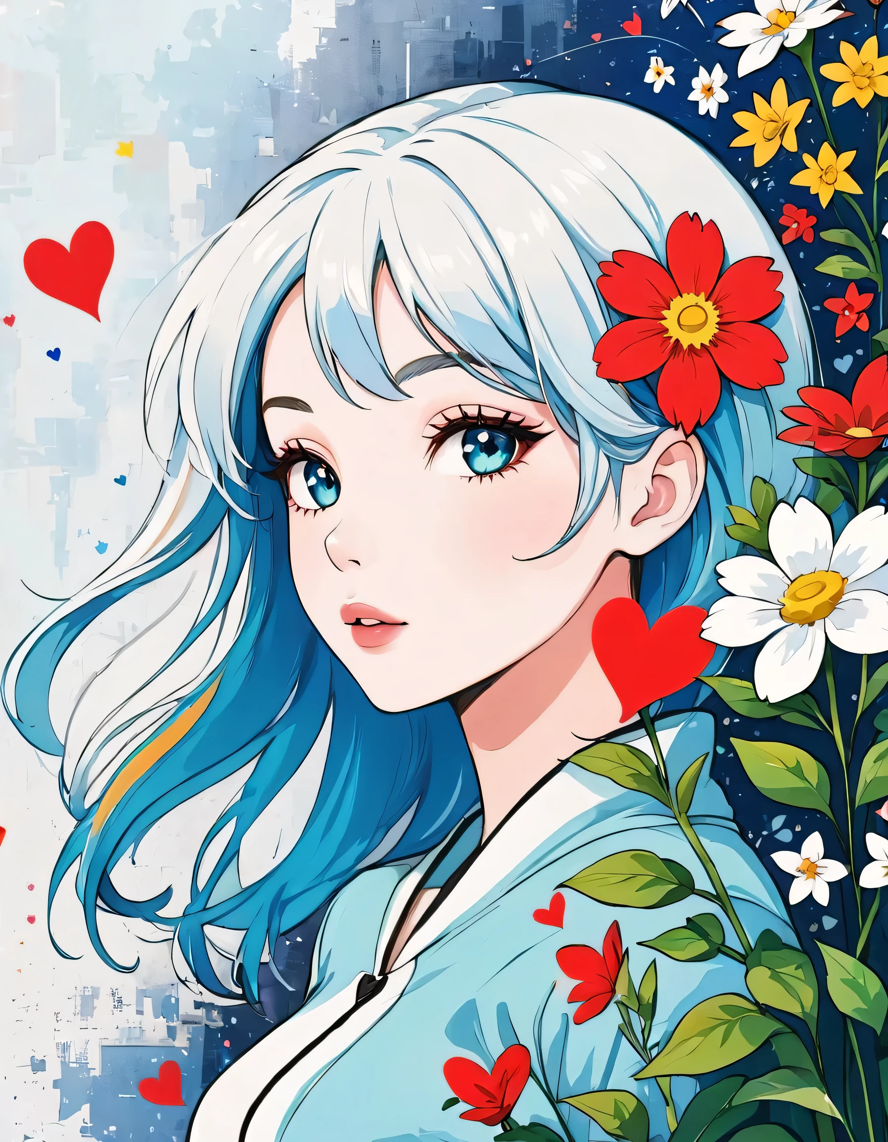 Black Star Red and White style, Simple Line Initialism,Abstract art,Urban Background, colorful hearts , colorful flowers, (((The most beautiful girl of all time))), Lips in love