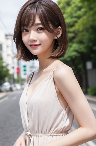 masterpiece:1.3), (8K, Realistic, RAW Photos, Best image quality: 1.4), Japanese schoolgirl、(Random Hairstyles:1.2)、Highly detailed face、Attention to detail、double eyelid、Chest to chest、Sharp focus:1.2、Beautiful woman:1.4、Light brown hair、Highest quality、masterpiece、Ultra-high resolution、(Realistic:1.4)、非常に詳細でプロフェッショナルに照らされたsmile、Loose、Summer clothes、thin、smile、Short-haired、Deadly position、Long dress