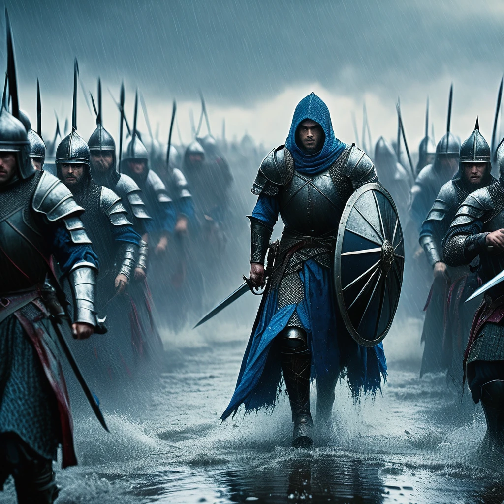 A medieval warrior with blue eyes and dark hair, leading an army towards battle. blood and gore, rainy atmosphere, thunder. wide shot, detailed, high quality.