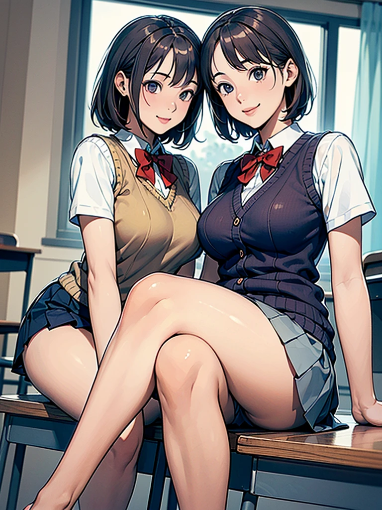 (masterpiece、Highest quality)、Beautiful illustrations、Staring at the audience、Beautiful thighs、Front view、1 Girl、Mature 、She looks like a 25-year-old high school girl.、Shiny skin、(Short Hair)、Big eyes、Long eyelashes、Very tall、 Beautiful Hair、Beautiful Face、Beautiful Eyes、 Beautiful breasts、Beautiful thighs、Beautiful feet、Beautiful fingers、(((Brown knitted vest、Short sleeve white collar shirt、Navy Pleated Skirt)))、((Red bow tie))、(In the classroom)、Are standing、((smile))