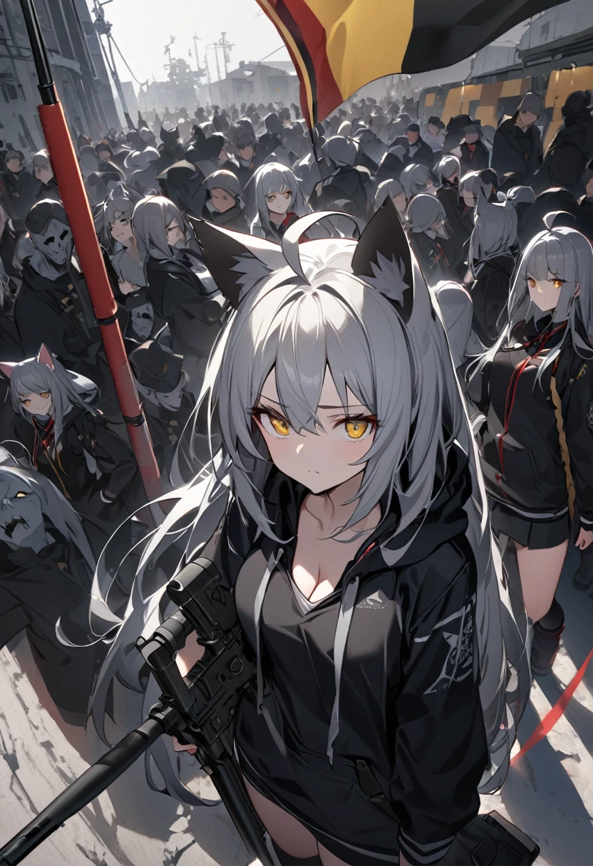 Raising the German flag、Suspicious Gathering、Surrounded by enemieasterpiece, best quality:1.2), 1girl, 独奏、Gray cat ears、Grey long hair、Ahoge、Yellow Eyes、Gray cat ears、The hoodie I took off was my carry-on baggage.、Ready your gun?、sniper rifle、Background of military bases、Fisheye Lens、battlefield、Shadows of light and darkness、Expressionless、Grim face、battle、Black knee socks、Cleavage、 A black hoodie worn over the arm