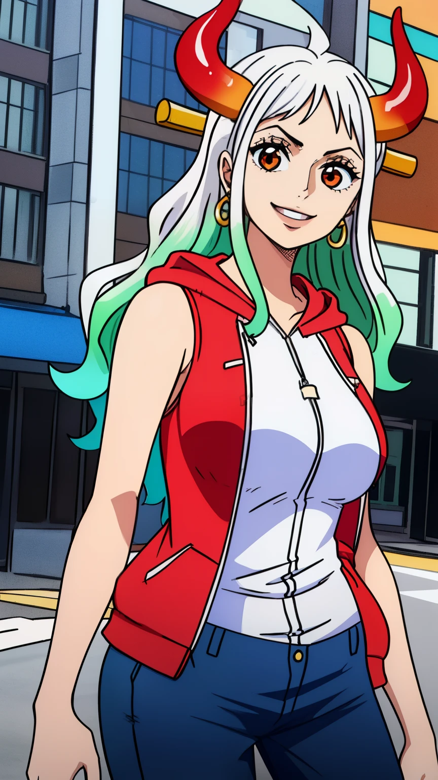 (masterpiece, best quality, high , 8k:1.2),anime, detailed, Yamato, White hair, Earrings, 1 girl, Smiling,Colorful hair, Solo, Horns, Green hair, Long hair, Jewelry, Large breasts, (red hoodie, sleeveless, pants, city, Cowboy shot:1.3),looking at viewer,