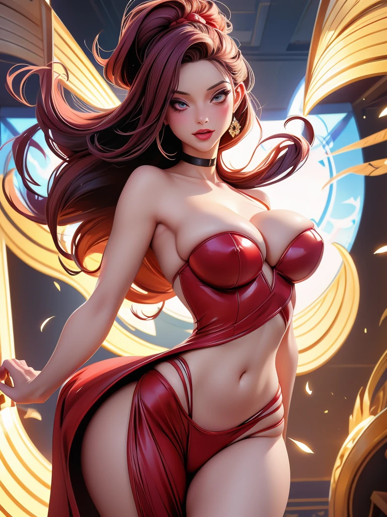 An enchanting woman clad in a scarlet gown stands regally on one leg, her hands gracefully tucked behind her back. The artist's meticulous strokes bring out the opulent curves of her figure, accentuating her opai proportions. Each contour of her form is rendered with precision by the masterful hands of Artgerm and Cutesexyrobutts.A full-body portrait captures this marvel in a comic pinup style, exuding charm and allure.The artwork is nothing short of breathtaking, with vivid colors bursting forth from the canvas and dramatic lighting casting shadows that dance upon her form.This piece is truly an 8K masterpiece, replete with ultra-detailed intricacies that beguile the viewer's senses.