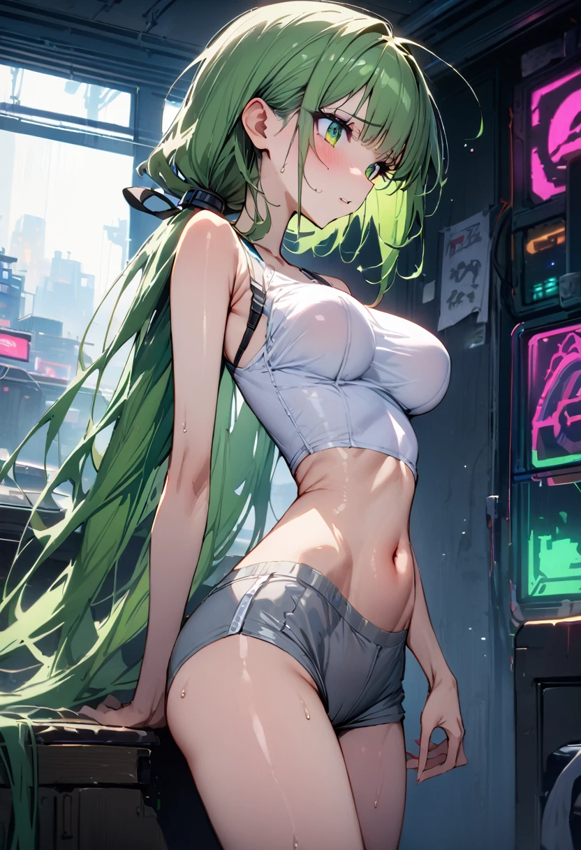 ((masterpiece,Highest quality:1.3)),1woman,30 year old beauty,独奏,((very small head:1.3)),green hair,(low ponytail hair,long hair),bangs,green eyes,gorgeous eyes,shy,medium breasts,((very long body:1.2)),((toned body,slender body,skinny)),gleaming skin,shiny skin,(White tight T-shirt、navel、Grey wet shorts)、barefoot、standing,Simple bedroom、cyber punk、World of Blade Runner、