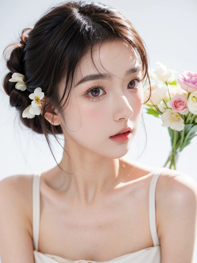 masterpiece,Best picture quality,Extreme details,Ultra-high resolution,Ultra-high definition,Beautiful young people,Glowing skin,thin,Black Hair,Half bun,1,big eyes,beautiful eyes,Lipstick,Exquisite facial features,Medium shot,Looking at the viewer, Drop Shoulder,Single tone background,White background,Soft light，Wear flowers on your head