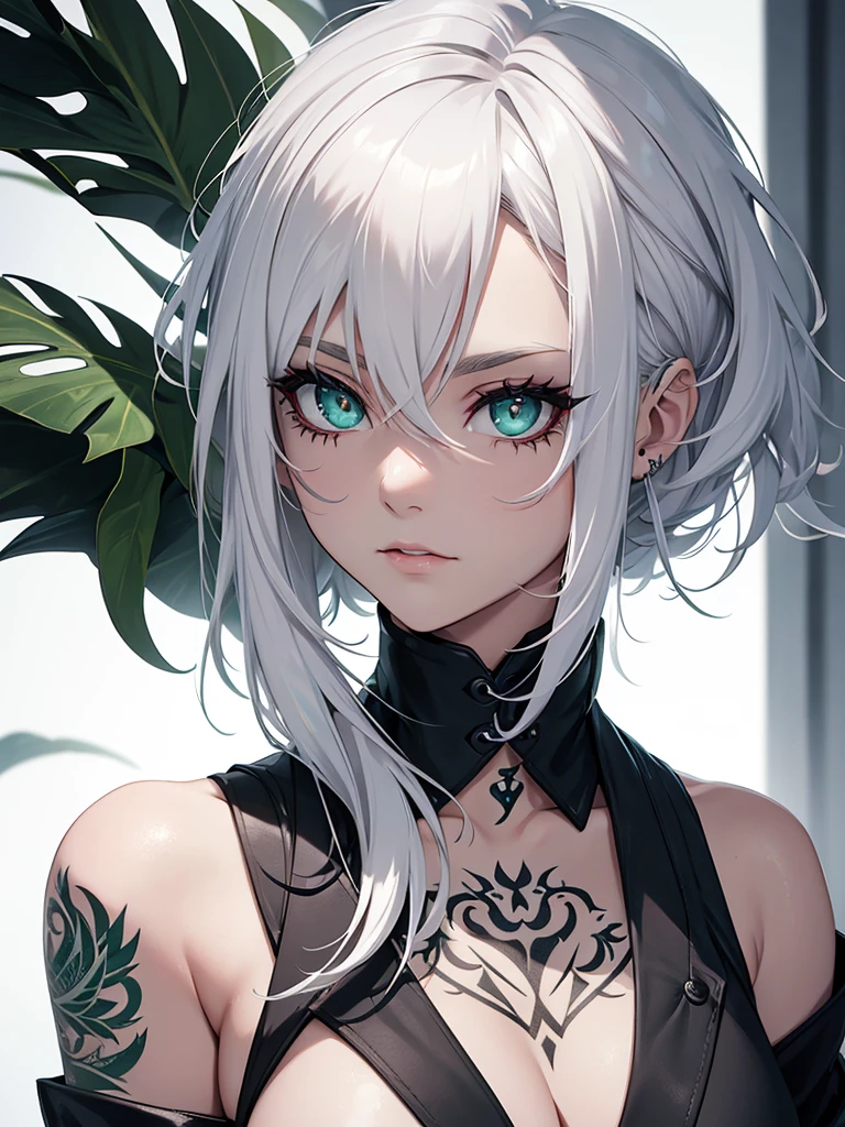White hair, green eye, girl, tattooed