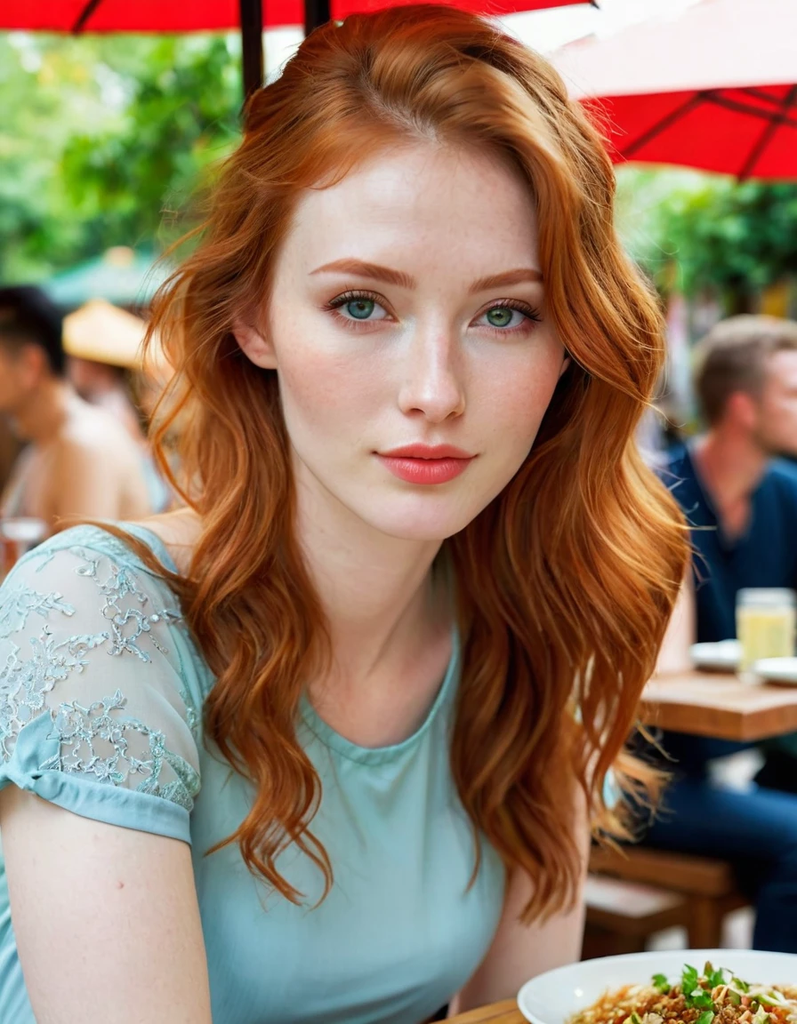 Full length portrait photography of a very beautiful realistic girl., sitting in outdoor restaurant, eat chinese food, Porcelain skin, very light skin, very pale skin, redhead, wavy, Horse tail, Detail of the skin structure., Hazel eyes, slanted eyes, small nose, small nostril, think arched eyebrows, thick lower lip, seductive look, happy face, single face, Wear a casual dress, Detailed photo, realistic photo, Masterpiece Image, sharp image, clear daylight outside