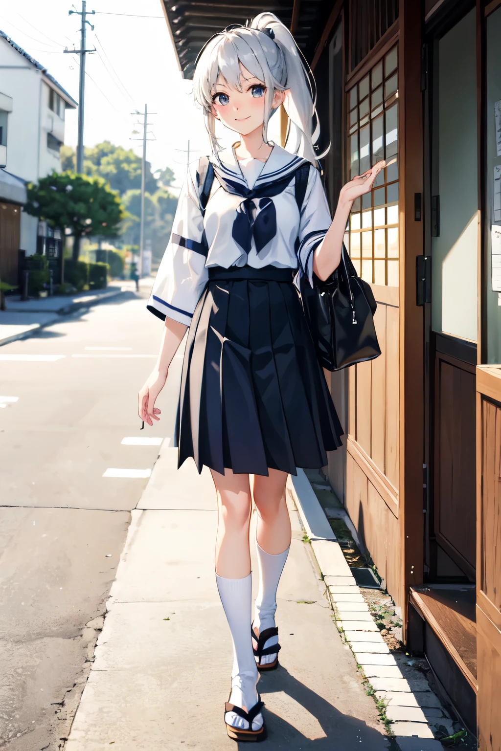 ((best quality)), ((masterpiece)), (detailed), A cheerful anime girl with long, flowing silver hair styled in a ponytail is walking home from school. She wears a typical Japanese summer high school.