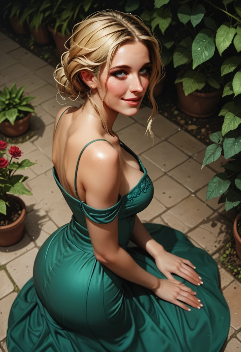 score_9, score_8_above, score_7_above, 1girl, large_breasts, royal_garden, elegant_green_dress, off_shoulder_dress, (shy_smile:0.9), cute_woman, blonde, wide, side view, from_above
