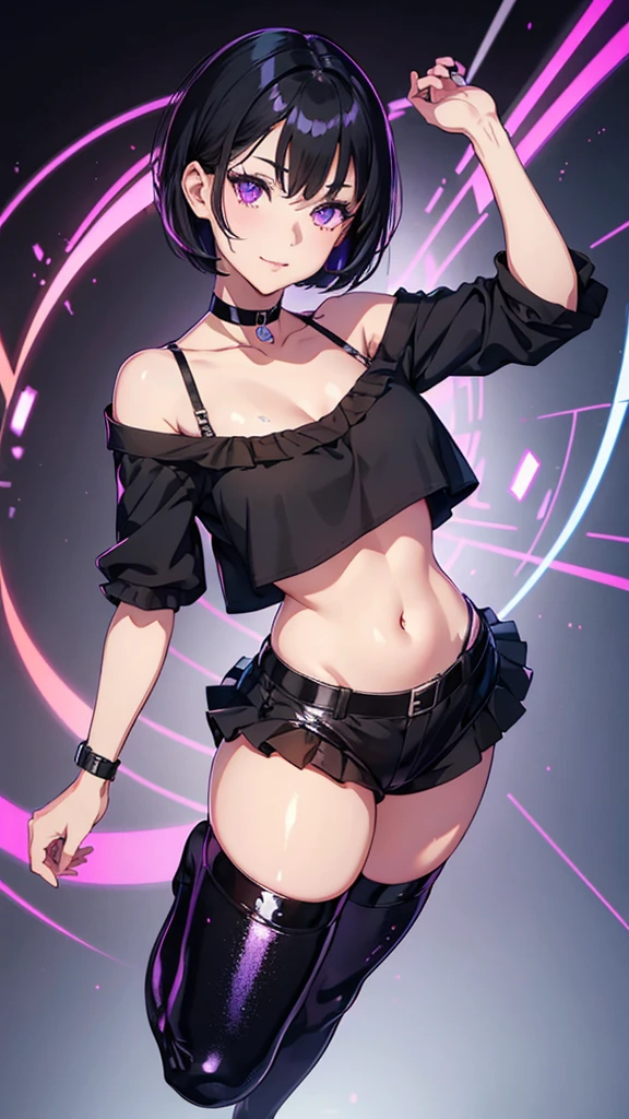 young girl, short black hair, violet eyes, smirk, full body, high quality, 4k, HD, Good detail, choker, crop top, shiny black leggings, red chapped lips