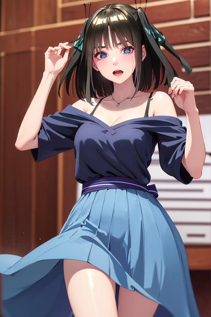 Nino　co、short hair, Twin tails、Random color hair、 blue eyes, hair ornaments, Hair Ribbon, blunt , Both sides up, butterfly hair ornaments, skirt,Off the shoulder、Random color see-through kunoichi costume、Japanese see-through female samurai costume、See-through female ninja costume,, Open clothes, Collared dress emphasizes cleavage、胸の谷間のSweat is noticeable、Professional lighting light reflection、 looking at viewer, (masterpiece:1.2), Highest quality, High resolution, unity 8k wallpaper, (figure:0.8), (Beautiful fine details:1.6), Highly detailed face, Perfect lighting, Highly detailed CG, (Perfect hands, Perfect Anatomy),heavy rain、heavy rainで全身びしょ濡れ、heavy rainで全身びしょ濡れの服、High heels、 ((Perfect handsの形))、(Perfect foot shape、Embarrassed expression、blush、Gestures to seduce a man、Shining Sweat、Perfect Skin,Sweat is noticeable、太もものSweat is noticeable、 Fair skin,Tight waist, Sweating profusely、Sweaty hair、Sweaty clothes、Sweaty、Visible sweat、rain-wet hair、A vast Western church with stained glass windows、Holding a Japanese sword、Athlete System、cherry blossoms