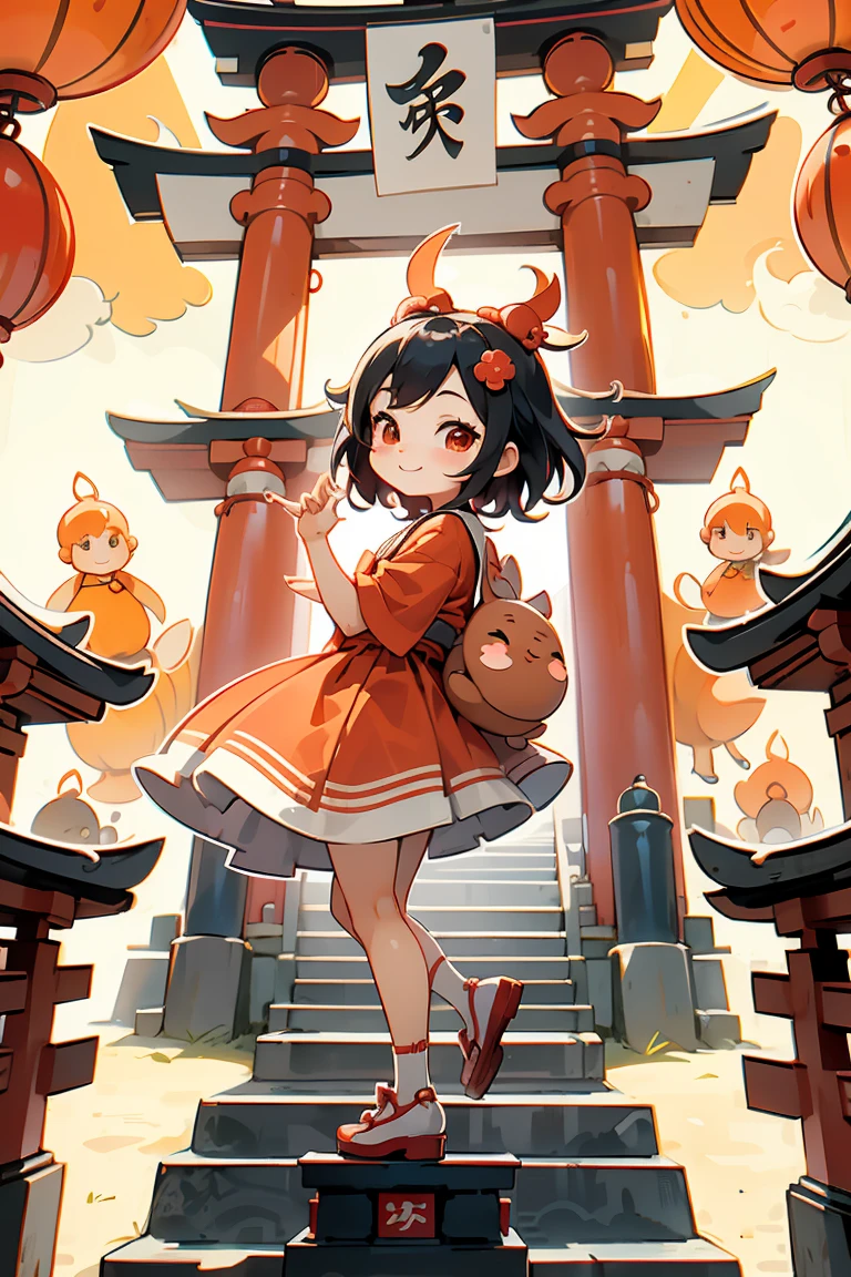 Place one small doll on a circular stand, By Cartoon picture book of background is a Fushimi Inari-taisha Shrine in Japan, with many red torii gates, It's sunny, kawaii pose, A smile, Raise your right hand, Eye Up, Laugh, Cute red shoes, Ultra Detail, radiant light, Taken from the side.