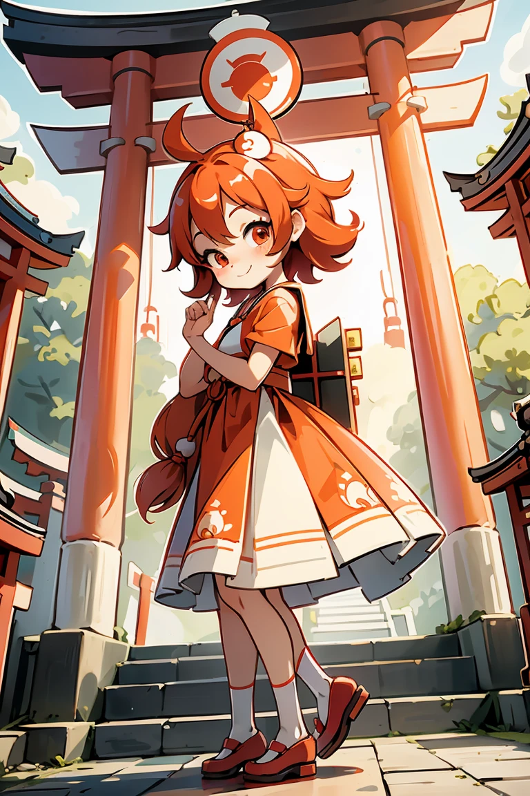 Place one small doll on a circular stand, By Cartoon picture book of background is a Fushimi Inari-taisha Shrine in Japan, with many red torii gates, It's sunny, kawaii pose, A smile, Raise your right hand, Eye Up, Laugh, Cute red shoes, Ultra Detail, radiant light, Taken from the side.