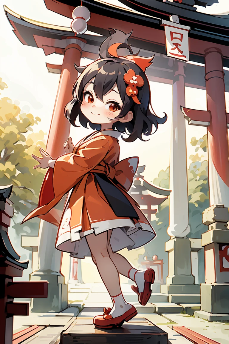 Place one small doll on a circular stand, By Cartoon picture book of background is a Fushimi Inari-taisha Shrine in Japan, with many red torii gates, It's sunny, kawaii pose, A smile, Raise your right hand, Eye Up, Laugh, Cute red shoes, Ultra Detail, radiant light, Taken from the side.