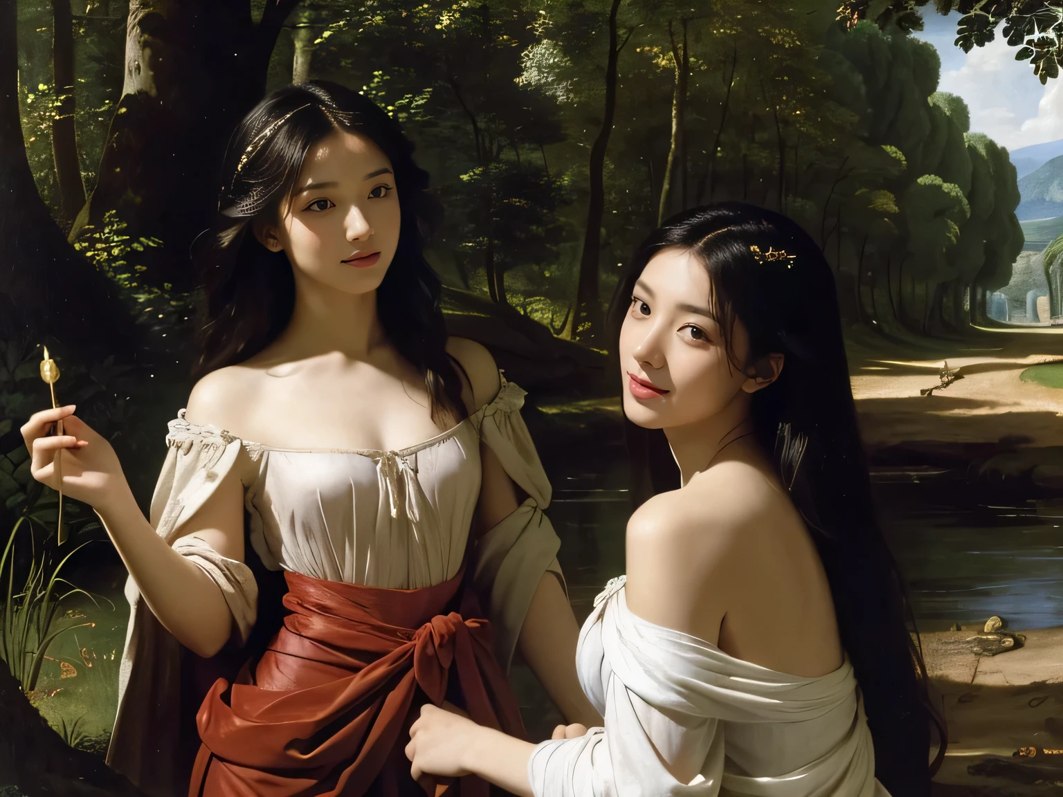 Giorgione painting style,Barbizon forest A beautiful woman in Greek dress smiles on the shore,Sweet and seductive appearance.、Caravaggio's paintings、Chiaroscuro of Caravaggio、hair tousled by the wind,Two women frolicking,cute smile, expression of ecstasy,Sexy,erotic, full body portrait