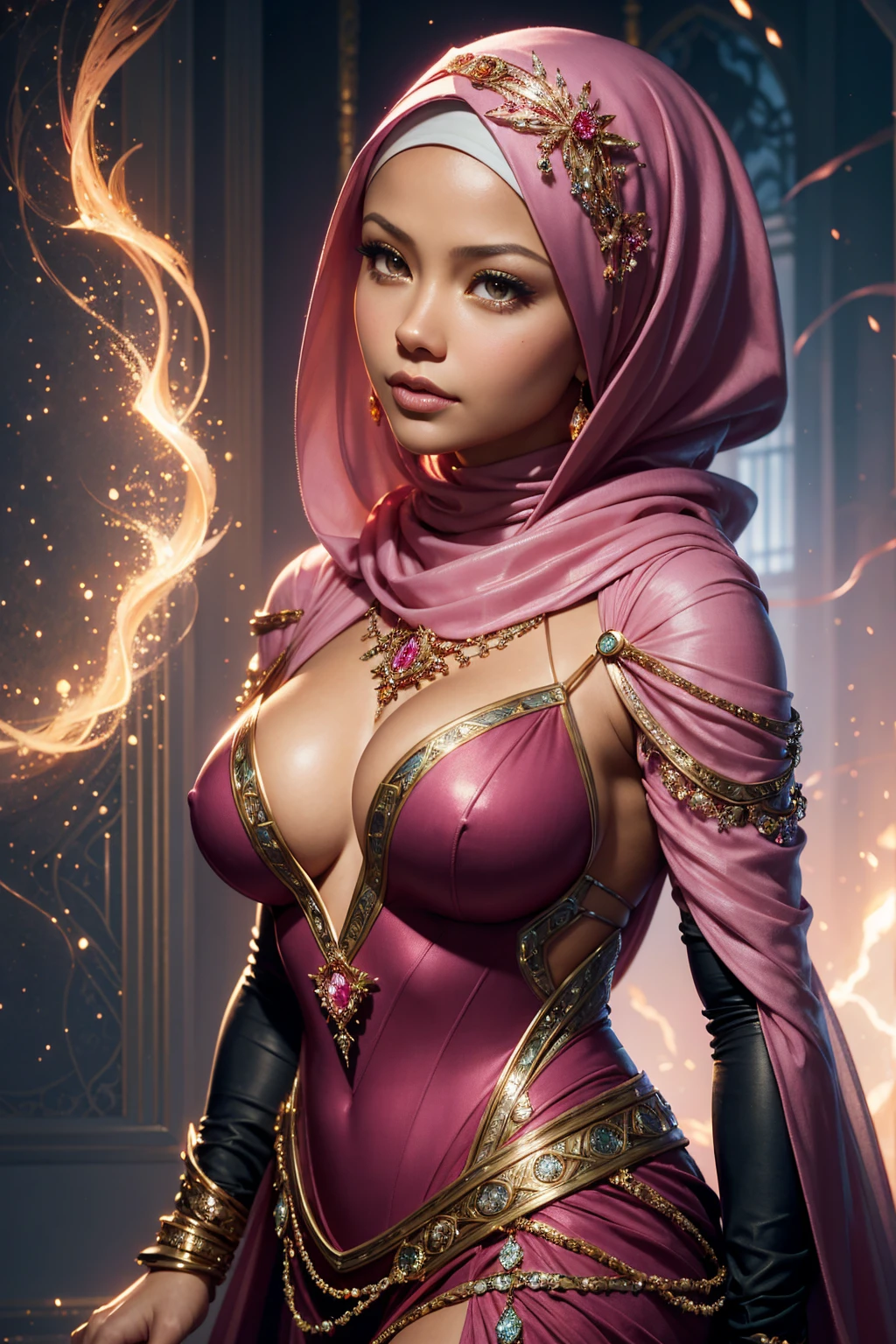 36k, A seksi beautiful portrait Vanessa Lachey wearing a hijab made of pink with jewelry and diamonds as room in rome profile picture by greg rutkowski, dynamic pose, intricate, futuristic, fantasy, elegant, by stanley artgerm lau, greg rutkowski, thomas kindkade, alphonse mucha, loish, norman rockwell