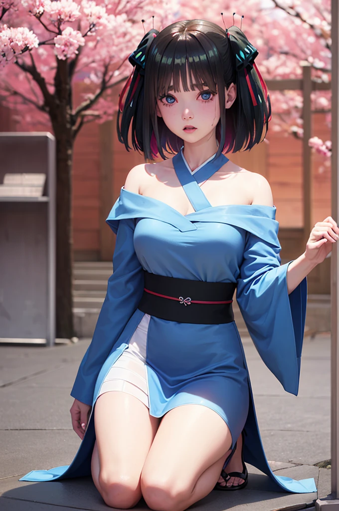 Nino nanaco、short hair, Twin tails、Random color hair、 blue eyes, hair ornaments, Hair Ribbon, blunt , Both sides up, butterfly hair ornaments, skirt,Off the shoulder、Random color see-through kunoichi costume、Japanese see-through female samurai costume、See-through female ninja costume,, Open clothes, Collared dress emphasizes cleavage、胸の谷間のSweat is noticeable、Professional lighting light reflection、 looking at viewer, (masterpiece:1.2), Highest quality, High resolution, unity 8k wallpaper, (figure:0.8), (Beautiful fine details:1.6), Highly detailed face, Perfect lighting, Highly detailed CG, (Perfect hands, Perfect Anatomy),heavy rain、heavy rainで全身びしょ濡れ、heavy rainで全身びしょ濡れの服、High heels、 ((Perfect handsの形))、(Perfect foot shape、Embarrassed expression、blush、Gestures to seduce a man、Shining Sweat、Perfect Skin,Sweat is noticeable、太もものSweat is noticeable、 Fair skin,Tight waist, Sweating profusely、Sweaty hair、Sweaty clothes、Sweaty、Visible sweat、rain-wet hair、A vast Western church with stained glass windows、Holding a Japanese sword、Athlete System、cherry blossoms