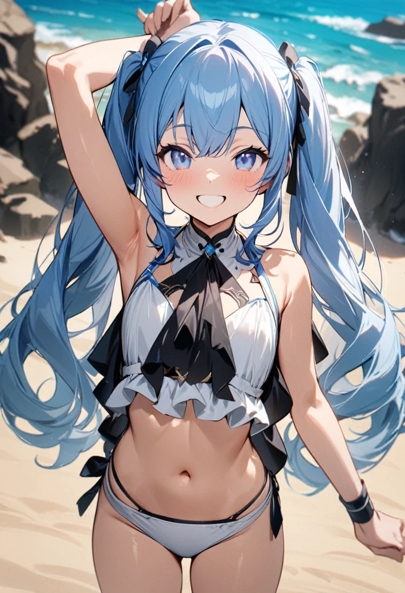 whole body, (female): 1girl, (solo), (perfect face), (detailed outfit), (), beautiful female, smile (happy), blue hair, long hair, twintails hair, blue eyes, (white bikini only:1.3),(No paleo:1.3) (sandy beach), (masterpiece:1.4), (best quality), (highres) (sharp focus),