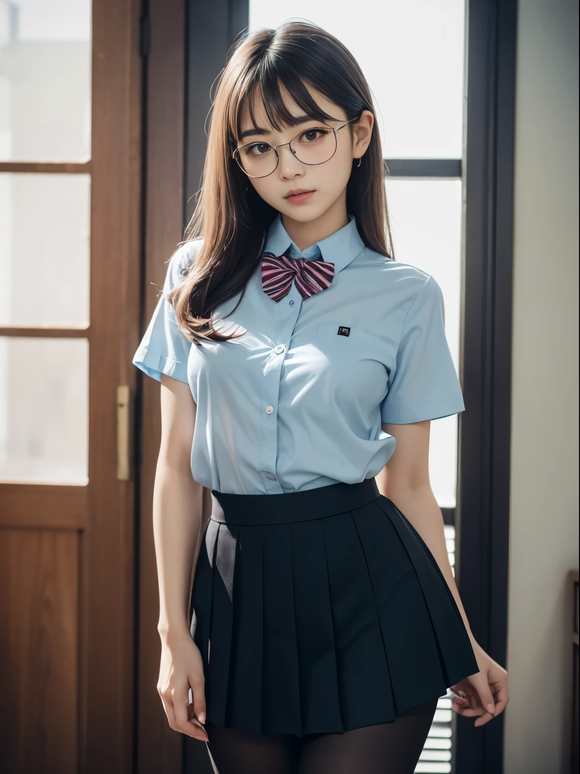(8K、生photograph、Highest quality、masterpiece:1.2),(Small breasts)、(Small breasts)、(Small breasts)、(Small breasts)、Look straight ahead、pupil,De Pere Blanca,(Black Pantyhose),Small face、Chest is petanko,前hairを真ん中から分ける,The forehead is visible,(business,Glare,strong,Are thin,Irritation)、masterpiece,Highest quality,Ultra-high resolution,生photograph,even,beautiful、One person,One person,Glasses,,Strong face、丸Glasses、cute、JK、high school girl、Japanese women、Are standing、(PhotoReactive:1.37)、Photon Mapping、Light blue ribbon、Real、cute小さな顔、Brown eyes、Black socks、(Red bow tie)、Radio City、Physically Based Rendering、Prospect、Character boundary depth、Blurred Background、photograph、girl、body、Beautiful feet、Long legs、Thin legs、(前hairが見える)、hair、lips、blue_The目、Soft Nose、(Light blue shirt)、Navy and blue white pattern pleated skirt、I can see your knees、See-through clothing、Thighs、black cotton socks、Nogizaka Idol、、Japan Ido