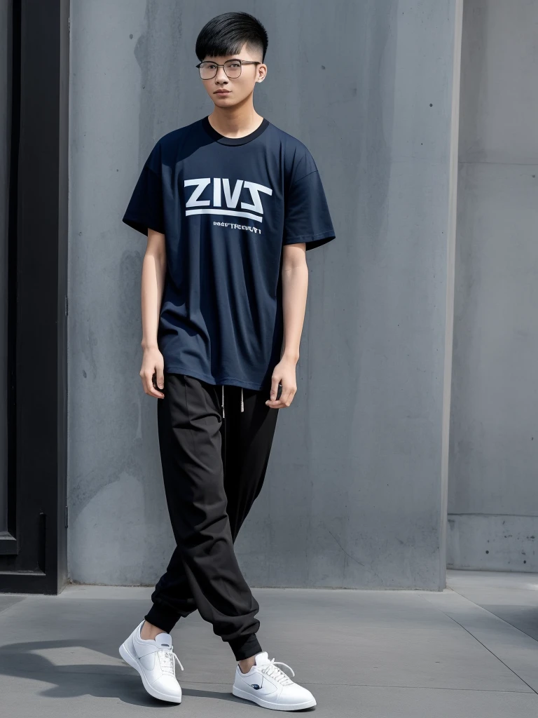 21 year old Beijing boy, he is wearing a oversize xxl blue plain t-shirt, he is wearing black trousers, he is wearing sneakers, he is wearing glasses, city, full body,  he is buzz cut Hair, foot, walking 