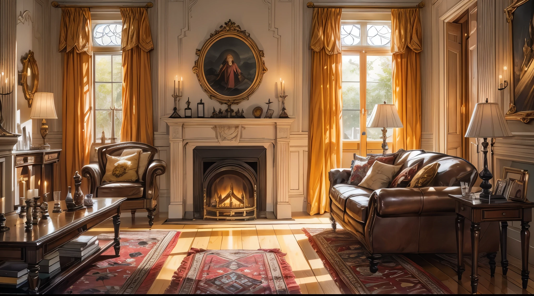 Interior, victorian Manor with reliquies, (((Nigth))), (((moonligth enters the living room))) soft pale orange palette, soft secundary exterior ligth