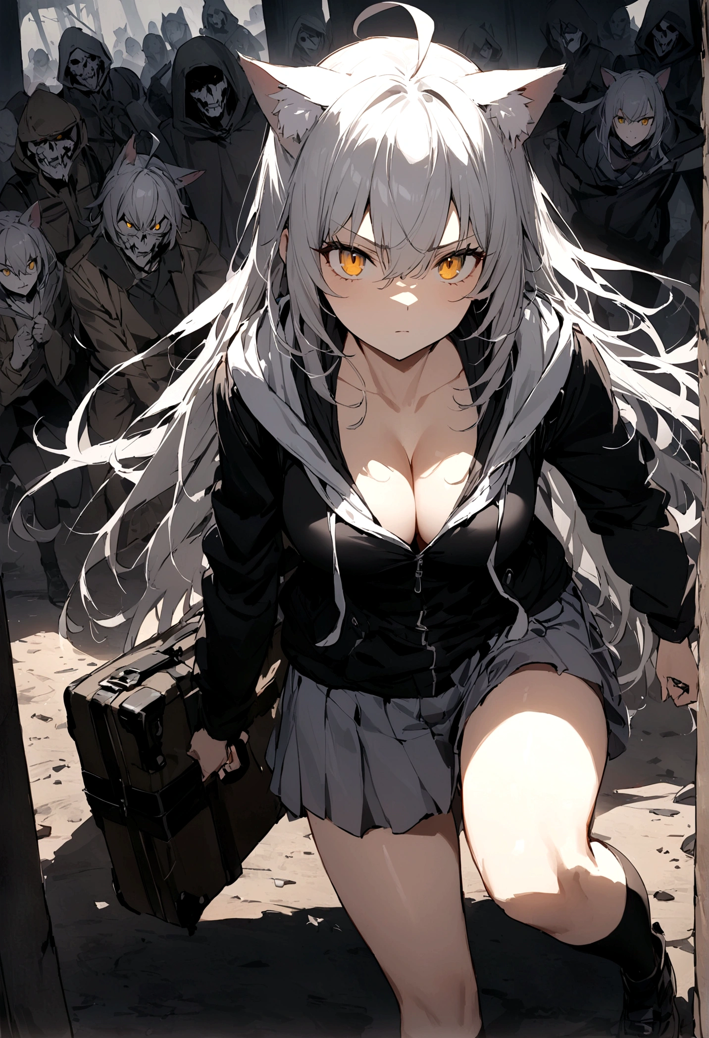 Surrounded by enemies、(masterpiece, best quality:1.2), 1girl, 独奏、Gray cat ears、Point your gun at us、Grey long hair、Ahoge、Yellow Eyes、Gray cat ears、The hoodie I took off was my carry-on baggage.、Ready your gun?、Background of military bases、Fisheye Lens、battlefield、Shadows of light and darkness、Expressionless、Grim face、battle、Black knee socks、Cleavage、