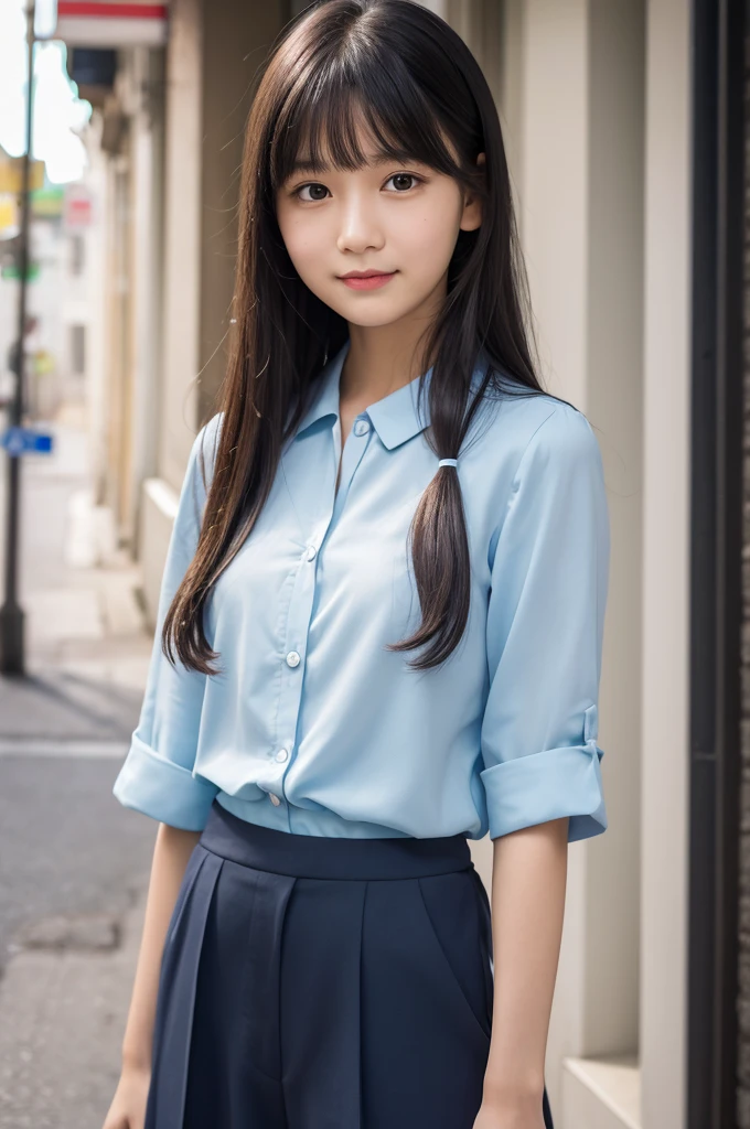 Light blue blouse,short culottes,,high school girl,Black Hair,bangs,Straight Hair,ponytail,ribbon,Dark Eyes,Small Face,Clean eyes,Small Mouth,slender,Young face,Lori,Flat chest,Shopping Street,live-action,Realistic photos,8K,Ultra HD,Standing posture,whole body,Pouch,Happy face,