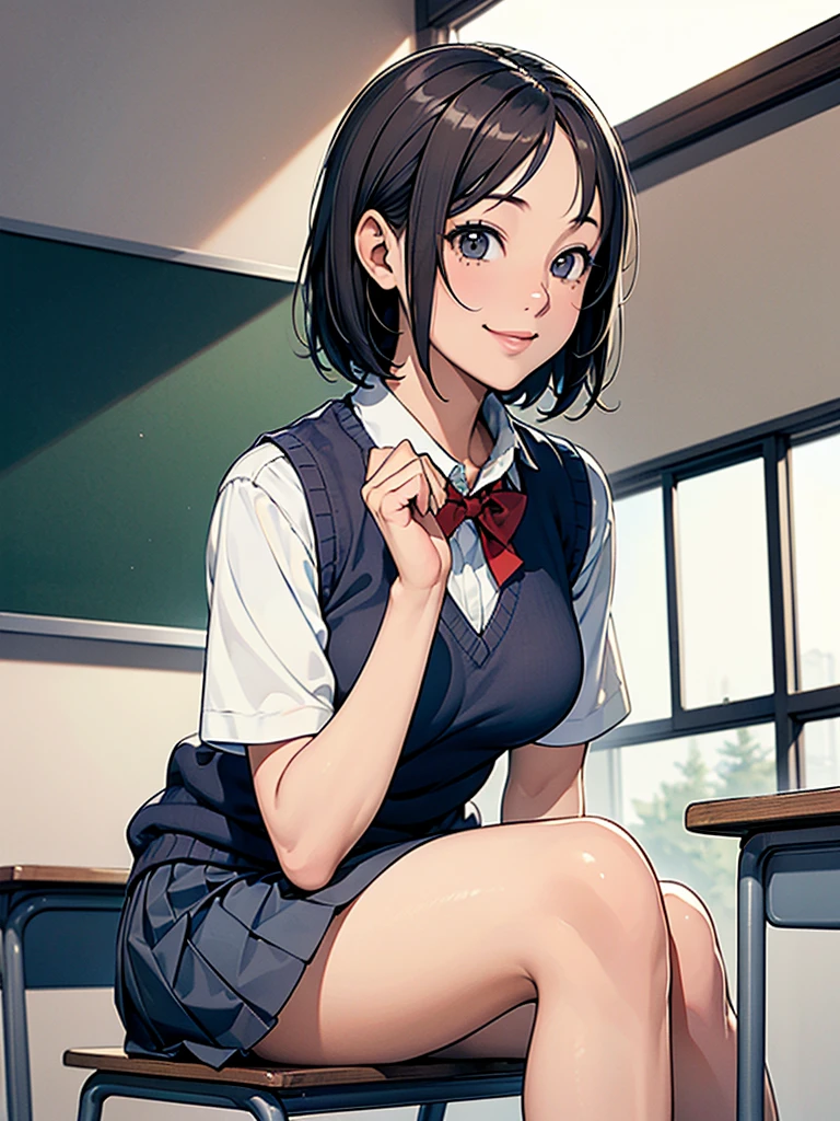(masterpiece、Highest quality)、Beautiful illustrations、Staring at the audience、Beautiful thighs、Front view、((1 Girl))、Mature 、She looks like a 25-year-old high school girl.、Shiny skin、(Short Hair)、Big eyes、Long eyelashes、Very tall、 Beautiful Hair、Beautiful Face、Beautiful Eyes、 Beautiful breasts、Beautiful thighs、Beautiful feet、Beautiful fingers、(((Brown knitted vest、Short sleeve white collar shirt、Navy Pleated Skirt)))、((Red bow tie))、(In the classroom)、Are standing、((smile))