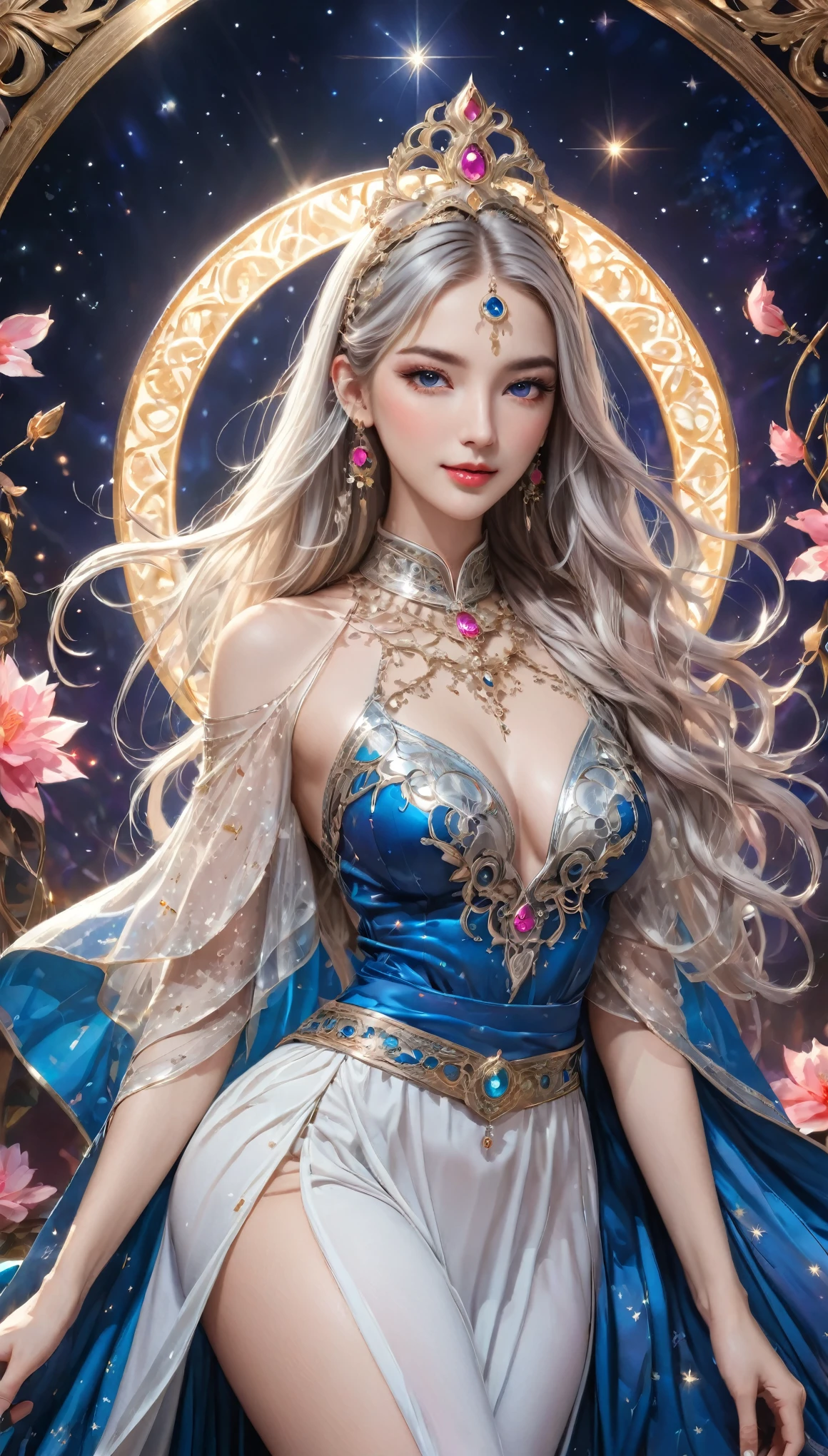 8K resolution, masterpiece, Highest quality, Award-winning works, unrealistic, One Thousand and One Nights, From above, erotic, sole sexy lady, healthy shaped body, Anatomically accurate skeleton, 22 years old, sexy dancer, 170cm tall, huge firm bouncing busts,, white silver long wavy hair, Detailed facial depictions, Break, Mysterious blue eyes, Standard nose, Eyeliner, pink lips, sexy long legs, Transparent and shiny skin, Arabian Dancer, Gothic ruffle sexy long dress, A dress with a complex structure, Seven-colored colorful dress, Clothed in flames, royal coat of arms, elegant, Very detailed, Delicate depiction of hair, miniature painting, Digital Painting, artステーション, コンセプトart, Smooth, Sharp focus, shape, artジャム、Greg Rutkowski、Alphonse Mucha、William Adolphe Bouguereau、art:Stephanie Law , Royal Jewel, nature, Symmetric, Greg Rutkowski, Charlie Bowwater, Unreal, Surreal, Dynamic Lighting, ファンタジーart, Complex colors, Buddhist Mandala, Colorful magic circle, flash, dynamic sexy poses, A kind smile, Mysterious Background, Aura, A gentle gaze, BREAK, Small faint lights and flying fireflies, night, lanthanum, royal palace, Starry Sky, milky way, nebula, shooting star, Flowers, birds, wind and moon, (Intense dances, Back view, Looking back towards the camera:1.6), chant healing magic, A pillar of light stretching to the sky, Laser beam, Climb the stairs to heaven
