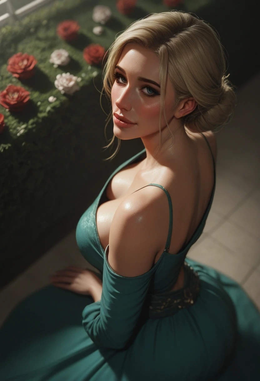 score_9, score_8_above, score_7_above, 1girl, large_breasts, royal_garden, elegant_green_dress, off_shoulder_dress, (shy_smile:0.9), cute_woman, blonde, wide, side view, from_above
