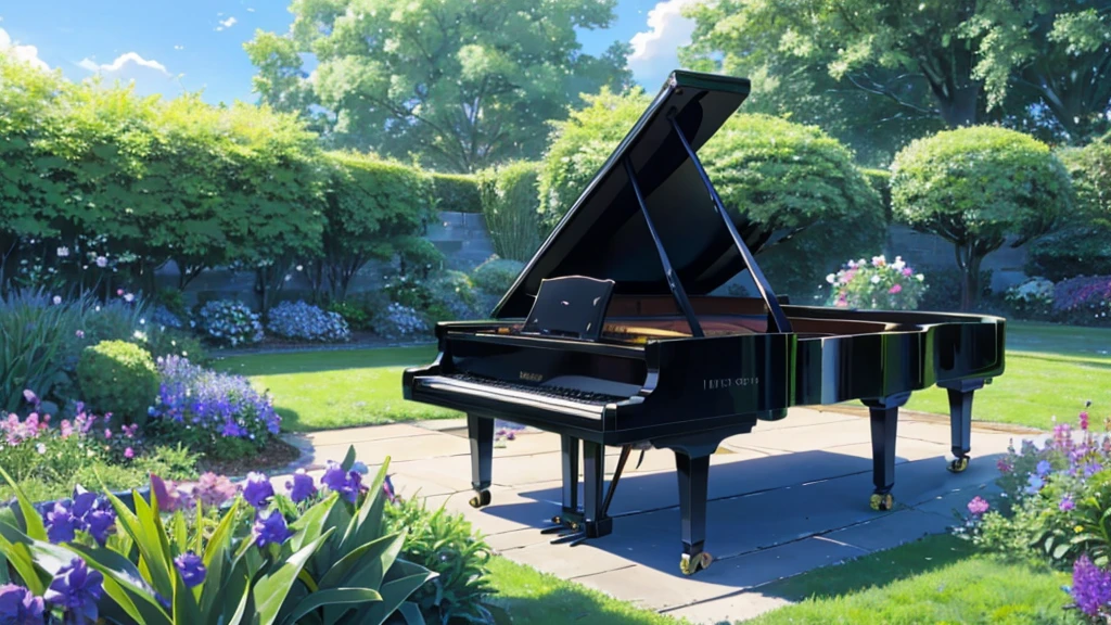 Placed in a garden where irises are in bloom１Grand pianos、White clouds in the sky after the rain、An empty garden