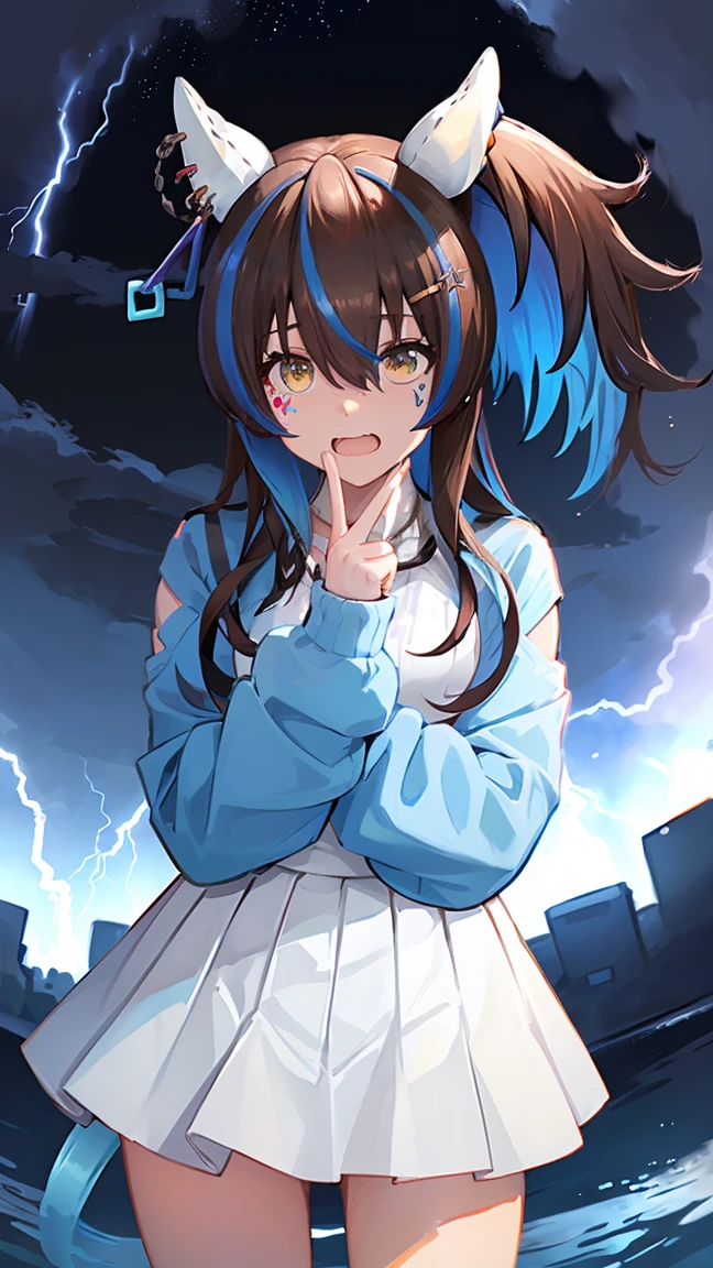 masterpiece, Highest quality, High resolution, Very detailed,(((Daitaku Helios))), (((Face scared of thunder。))), (((Light blue long sleeves))), White mini skirt, thunderstorm, Lightning light
