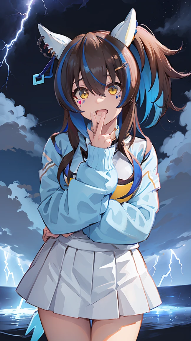 masterpiece, Highest quality, High resolution, Very detailed,(((Daitaku Helios))), (((Face scared of thunder。))), (((Light blue long sleeves))), White mini skirt, thunderstorm, Lightning light