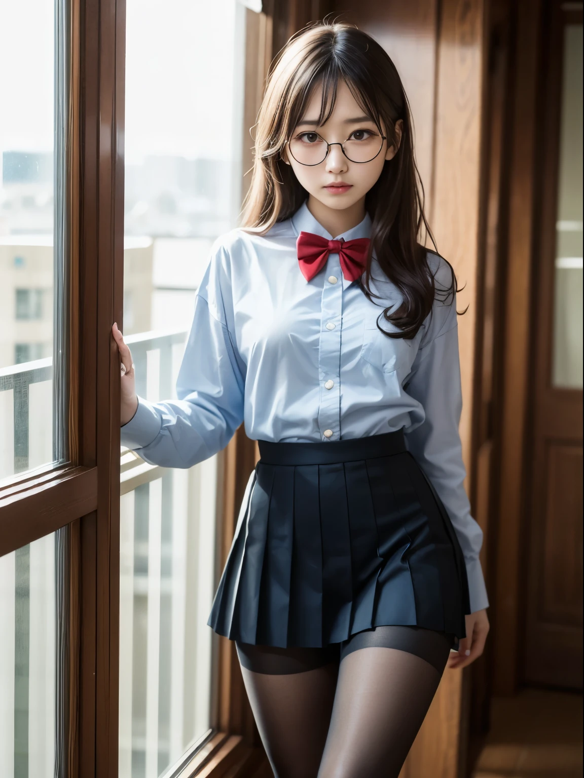 (8K、生photograph、Highest quality、masterpiece:1.2),(Small breasts)、(Small breasts)、(Small breasts)、(Small breasts)、Look straight ahead、pupil,De Pere Blanca,(Black Pantyhose),Small face、Chest is petanko,前hairを真ん中から分ける,The forehead is visible,(business,Glare,strong,Are thin,Irritation)、masterpiece,Highest quality,Ultra-high resolution,生photograph,even,beautiful、One person,One person,Glasses,,Strong face、丸Glasses、cute、JK、high school girl、Japanese women、Are standing、(PhotoReactive:1.37)、Photon Mapping、Light blue ribbon、Real、cute小さな顔、Brown eyes、Black socks、(Red bow tie)、Radio City、Physically Based Rendering、Prospect、Character boundary depth、Blurred Background、photograph、girl、body、Beautiful feet、Long legs、Thin legs、(前hairが見える)、hair、lips、blue_The目、Soft Nose、(Light blue shirt)、Navy and blue white pattern pleated skirt、I can see your knees、See-through clothing、Thighs、black cotton socks、Nogizaka Idol、、Japan Ido