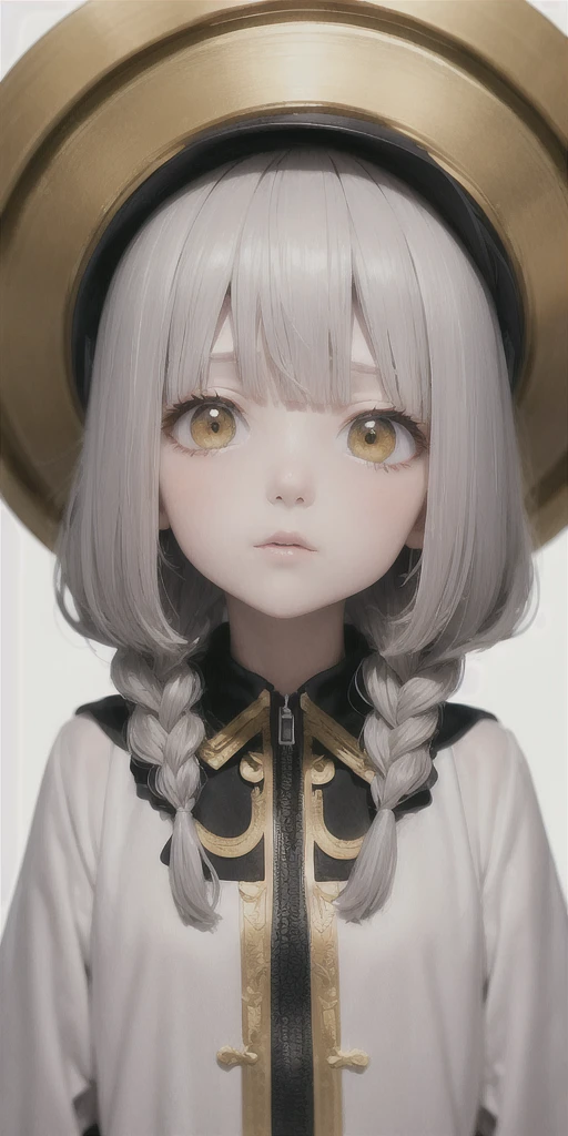 Highest quality, masterpiece,Gray Hair, Golden Eyes,White clothes, look up, Upper Body,hair,Fair skin,Side braid