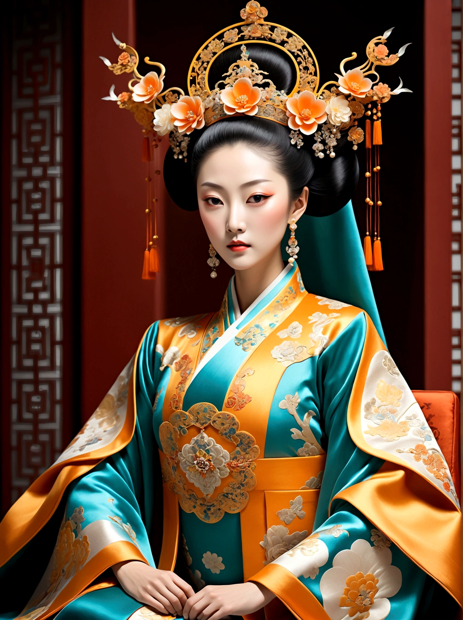 (Chinese Tang Dynasty Empress:1.3)，A royal figure in a lavish robe, adorned with a large crown, is seated on a throne, The setting is otherworldly and surreal, located in the vast expanse of space, The figure is perched on a miniature planet that's enveloped entirely by the rich fabric of the robe, reflecting an element of royal extravagance