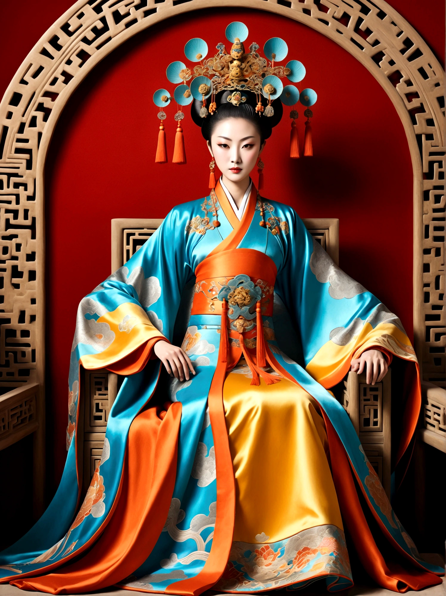(Chinese Tang Dynasty Empress:1.3),A royal figure in a lavish robe, adorned with a large crown, is seated on a throne, The setting is otherworldly and surreal, located in the vast expanse of space, The figure is perched on a miniature planet that's enveloped entirely by the rich fabric of the robe, reflecting an element of royal extravagance