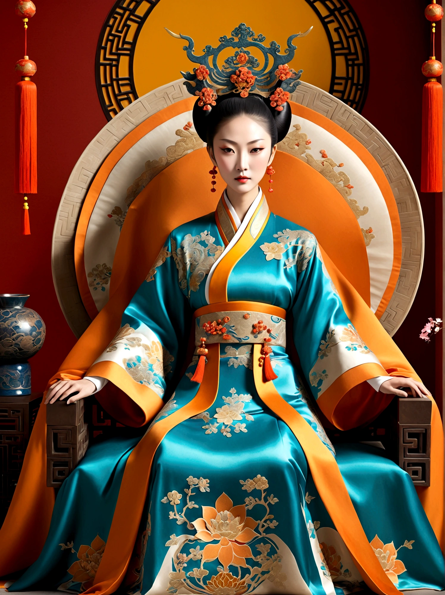 (Chinese Tang Dynasty Empress:1.3),A royal figure in a lavish robe, adorned with a large crown, is seated on a throne, The setting is otherworldly and surreal, located in the vast expanse of space, The figure is perched on a miniature planet that's enveloped entirely by the rich fabric of the robe, reflecting an element of royal extravagance