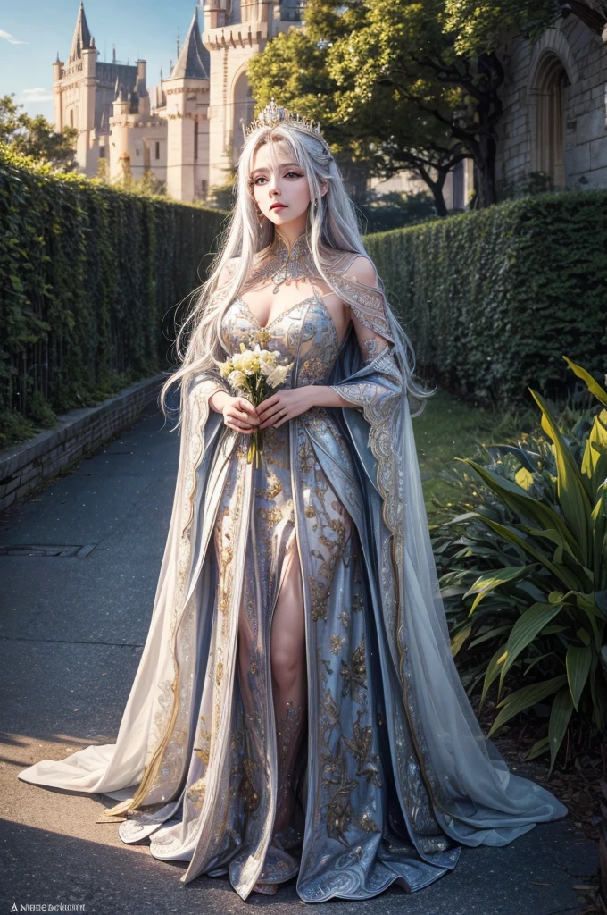 masterpiece, highres, high detailed, intricate details, depth of field, 1 girl, queen, royal crown, Coronation Gown, queen dress, Evening Gown, outdoor background. The background is a luxurious castle, mildly clouds, best sunlight. There are 2 long flower beds besides the path, queen is standing on the path. Her face is gorgeous, beautiful, confident. She wears a lot of luxury jelweries. She has blue eyes, white long hair. Behind her is the castle.