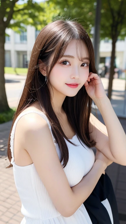 Tabletop, Highest quality, shape, Very detailed, finely, High resolution, 8k wallpaper, 完璧なダイナミックな構shape, Beautiful and exquisite, Nice spring clothes,Beautiful straight hair,Small breasts,Natural color lip, 20-year-old girl、cute、Always blur the background,Perfect and beautiful face,Beautiful and dense face、Slim face and figure,Big eyes、Putting on gal makeup,Actual Photos(Best image quality)、Sexy Face、Fashion model posing、Full Body Shot、smile、Change pose randomly、Randomly change the shooting angle and position、Summer Fashion、Looking up at the sky