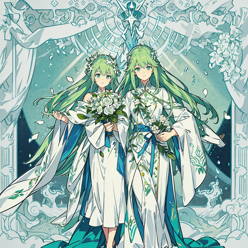 God of earth , ethereal beauty, long straight green hair , blue eyes , traditional god dress green and white , represents earth , holding a flower white