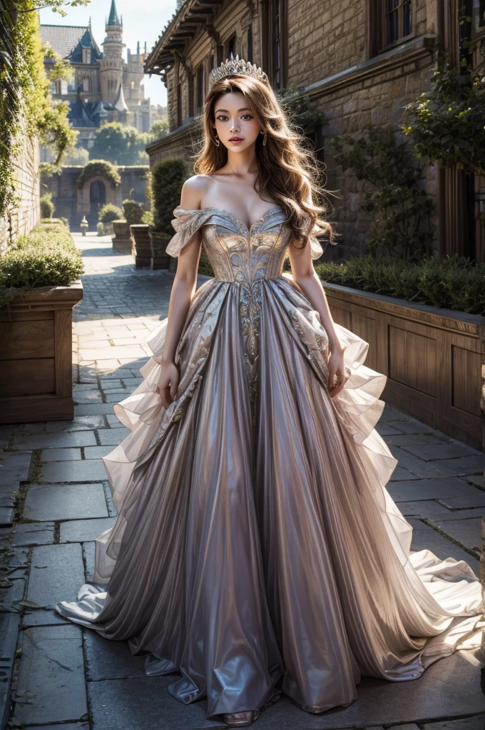 masterpiece, highres, high detailed, intricate details, depth of field, 1 girl, queen, royal crown, Coronation Gown, queen dress, Evening Gown, outdoor background. The background is a luxurious castle, mildly clouds, best sunlight. There are 2 long flower beds besides the path, queen is standing on the path. Her face is gorgeous, beautiful, confident. She wears a lot of luxury jelweries. She has blue eyes, white long hair. Behind her is the castle.