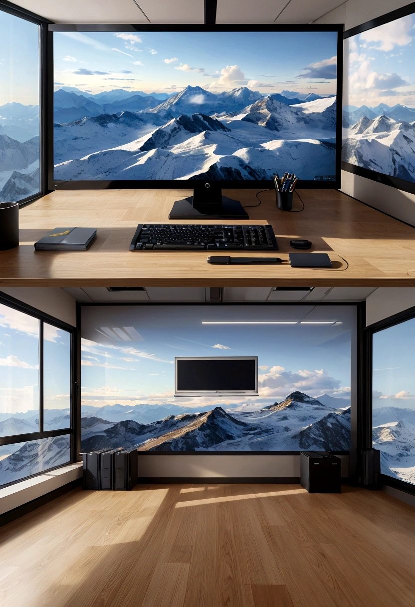 modern office conference room、pc background、、it will be、realistic、future、picture、brightened、Clean、Landscape with desktop PC