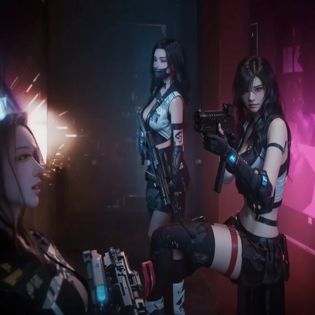 There are two women wearing miniskirts,Holding a gun, ps5 movie screenshots, cinematic —ar 16:9, In Cyberpunk 2077, love Death with机器人, Death with two in the void, Real-life stills, Death with, Hell Tactics,A sign from Valorant