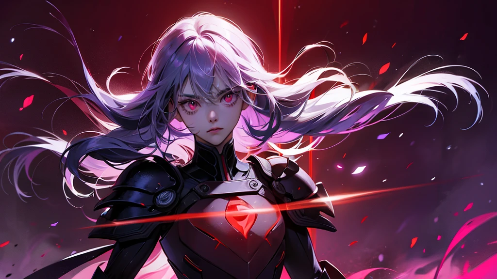 armor、Gray Hair、Red-eyed anime girl holding a gun in front of a purple and red background, Gapmore Grim Dark, portrait Gapmore Grim Dark, gapmoe Yandere, Red eyes glow, Red lasers, Terrible anime 8k, Red laser, Best anime 4K Kona-chan wallpapers, Laser Wipe, With glowing red eyes, Yandere、Highest quality