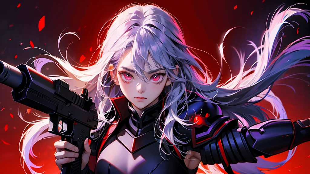 armor、Gray Hair、Red-eyed anime girl holding a gun in front of a purple and red background, Gapmore Grim Dark, portrait Gapmore Grim Dark, gapmoe Yandere, Red eyes glow, Red lasers, Terrible anime 8k, Red laser, Best anime 4K Kona-chan wallpapers, Laser Wipe, With glowing red eyes, Yandere、Highest quality