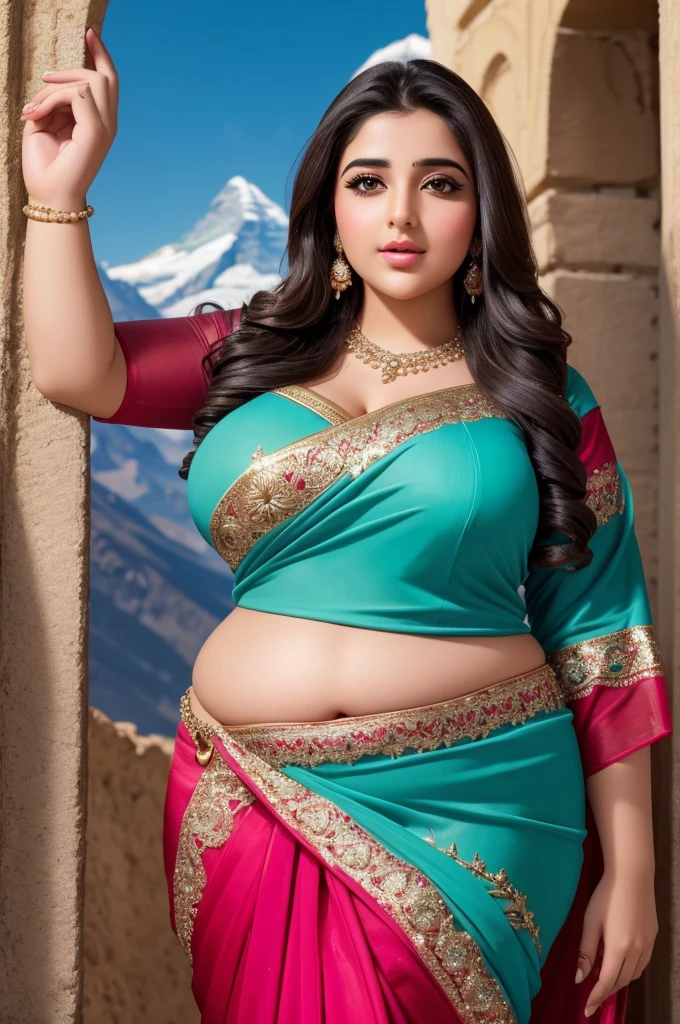 1 Heavenly beautiful and goddess beauty cute and sweet looking face Arabian woman in Matterhorn mountain, Heavenly beautiful Overweight, Heavenly beautiful Extremely fat, Heavenly beautiful and attractive Chubby figure , Heavenly beautiful looking and eye catching luxury style tight fitting elegant saree, reaching out, Heavenly beautiful Arabian woman, 16k, High resolution, masterpiece, highest quality, fine skin, Realistic Photograph