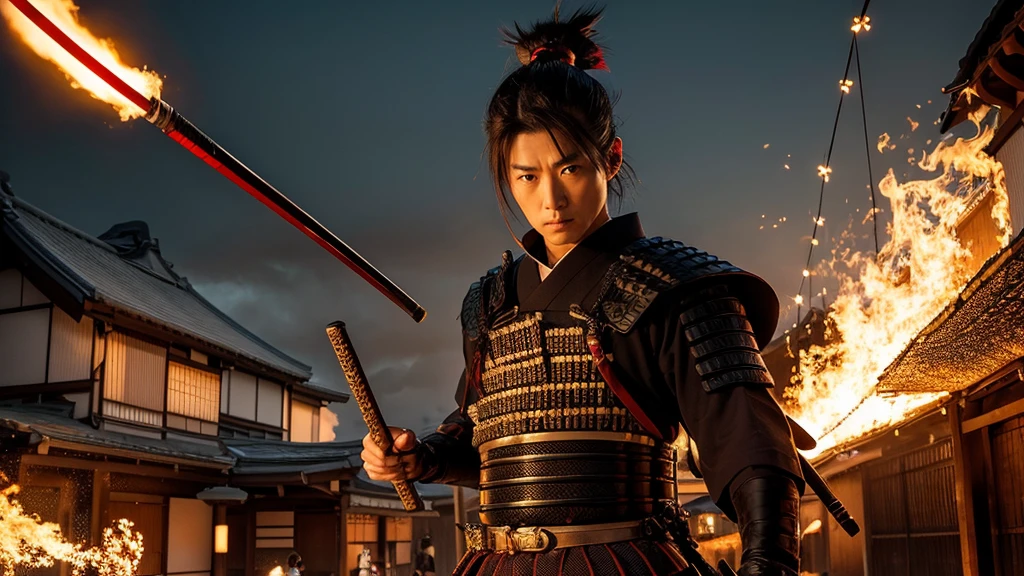 A Japanese male samurai covered in weapons,Age: about 50 years old
