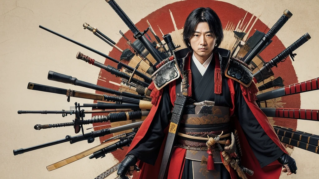 A Japanese male samurai covered in weapons,Age: about 50 years old